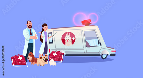 Veterinarian Doctors Standing At Ambulance Car Veterinary Medicine Concept Flat Vector Illustration