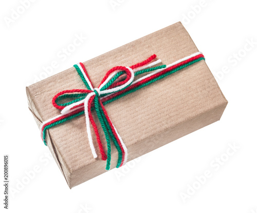 Handmade packed gift box isolated on white front view