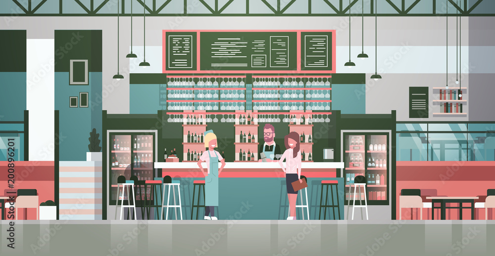 Bar Stuff Bartender, Waiter And Administrator Standing At Counter Over Bottles Of Alcohol And Glasses On Background Flat Vector Illustraton Bar Stuff Bartender, Waiter And Administrator Standing At Counter Over Bottles Of Alcohol And Glasses On Background Flat Vector Illustraton