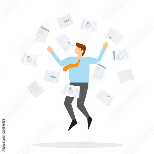 Office worker jumps up and throws paper