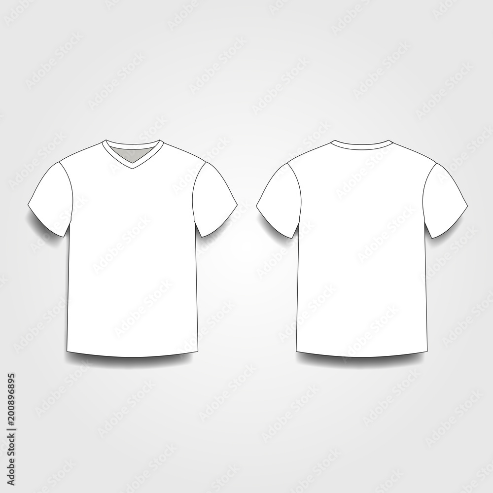 White male t-shirt template v-neck front and back side views. White male t-shirt template v-neck front and back side views.
