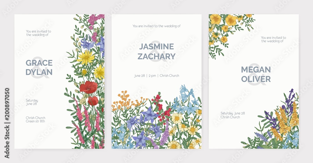 Collection of wedding party celebration invitation templates with blooming wild meadow flowers, flowering herbs and place for text on white background. Elegant realistic botanical vector illustration.