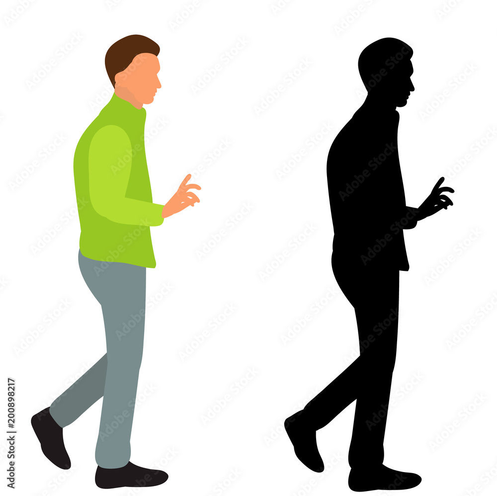 vector, isolated silhouette in color clothes guy is walking