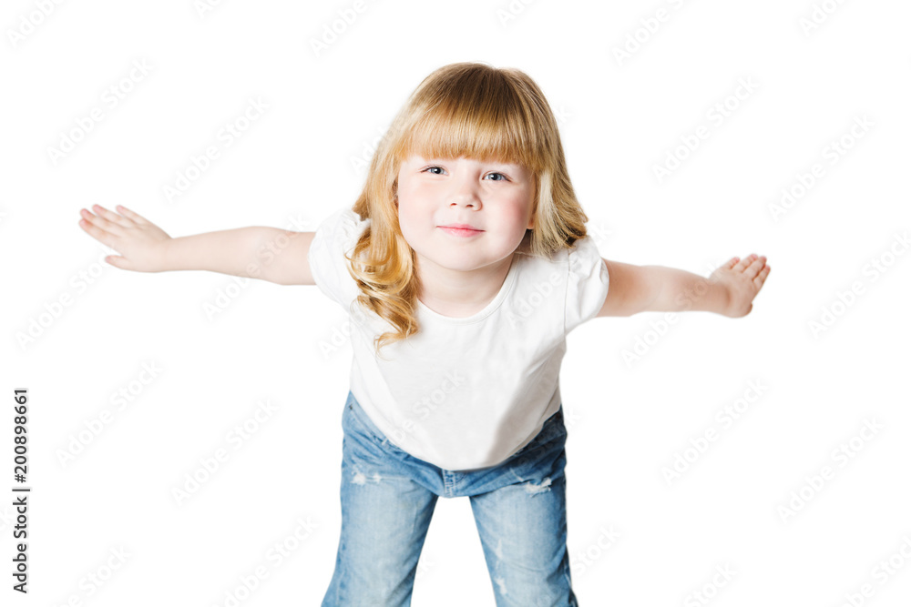 Funny little girl in jeans and white t-shirt joy with the raised hands looking at camera over white background
Funny little girl in jeans and white t-shirt joy with the raised hands looking at camera over white background