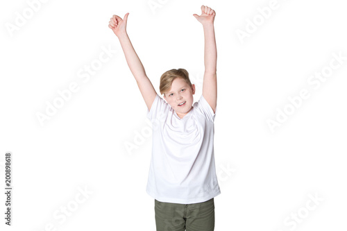 Teen boy hands up concept Isolated on white background
