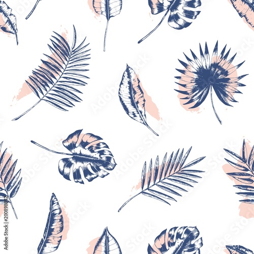 Tropical seamless pattern with palm tree, monstera and banana leaves drawn with contour lines against pink stains on white background. Backdrop with foliage of jungle plants. Vector illustration.