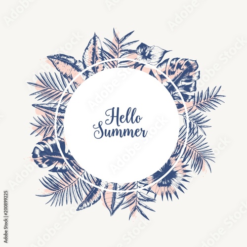 Round garland or frame made of palm tree leaves or foliage of tropical plants hand drawn with contour lines on white background and lettering Hello Summer inside. Monochrome vector illustration.