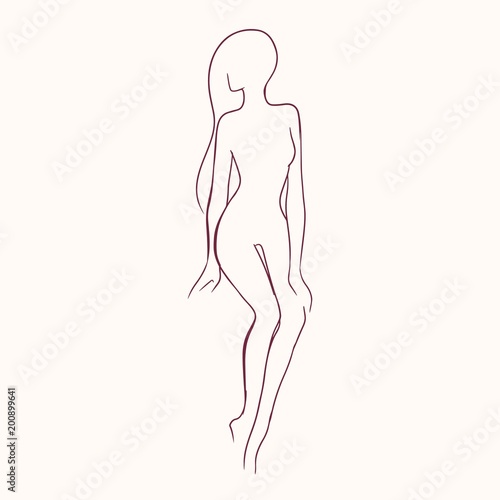 Silhouette of pretty slim nude long-haired woman hand drawn with contour lines