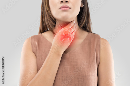 Sore throat woman on gray background photo