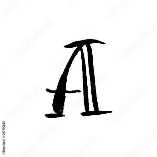 Letter A. Handwritten by dry brush. Rough strokes textured font. Vector illustration. Grunge style alphabet.