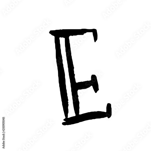Letter E. Handwritten by dry brush. Rough strokes textured font. Vector illustration. Grunge style alphabet.