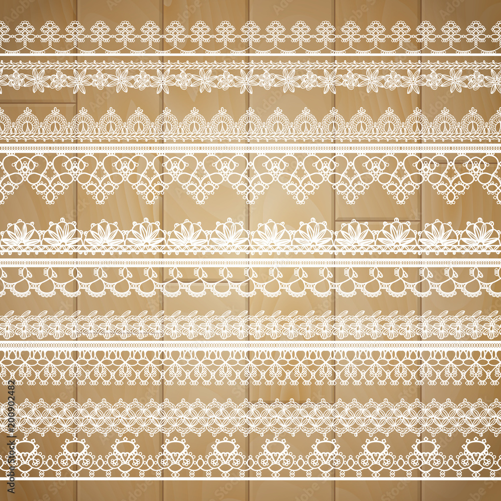 Vector lace ribbon on wooden background Vector lace ribbon on wooden background
