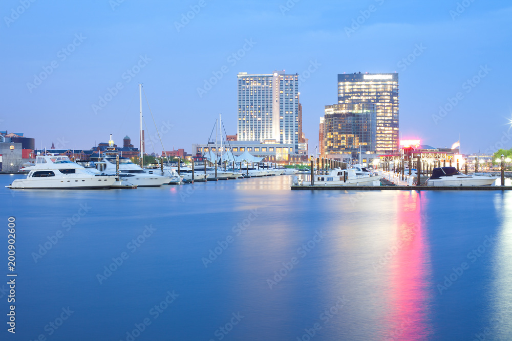 Marina at Inner Harbor in Baltimore at night, Maryland, USA