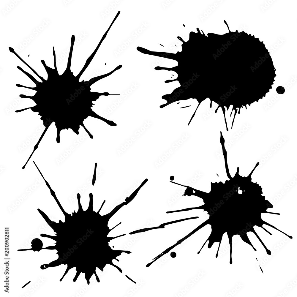 Black ink paint spots. Drops texture isolated on white background. Set for grunge splash textures. Vector illustration. Black ink paint spots. Drops texture isolated on white background. Set for grunge splash textures. Vector illustration.