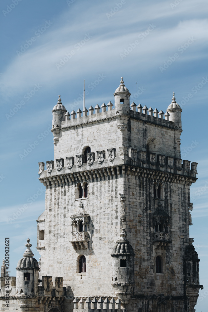 The Belem Tower - Old defense tower on the Tagus River - Lisbon Portugal - tourism attraction.