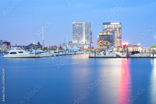 Marina at Inner Harbor in Baltimore at night  Maryland  USA