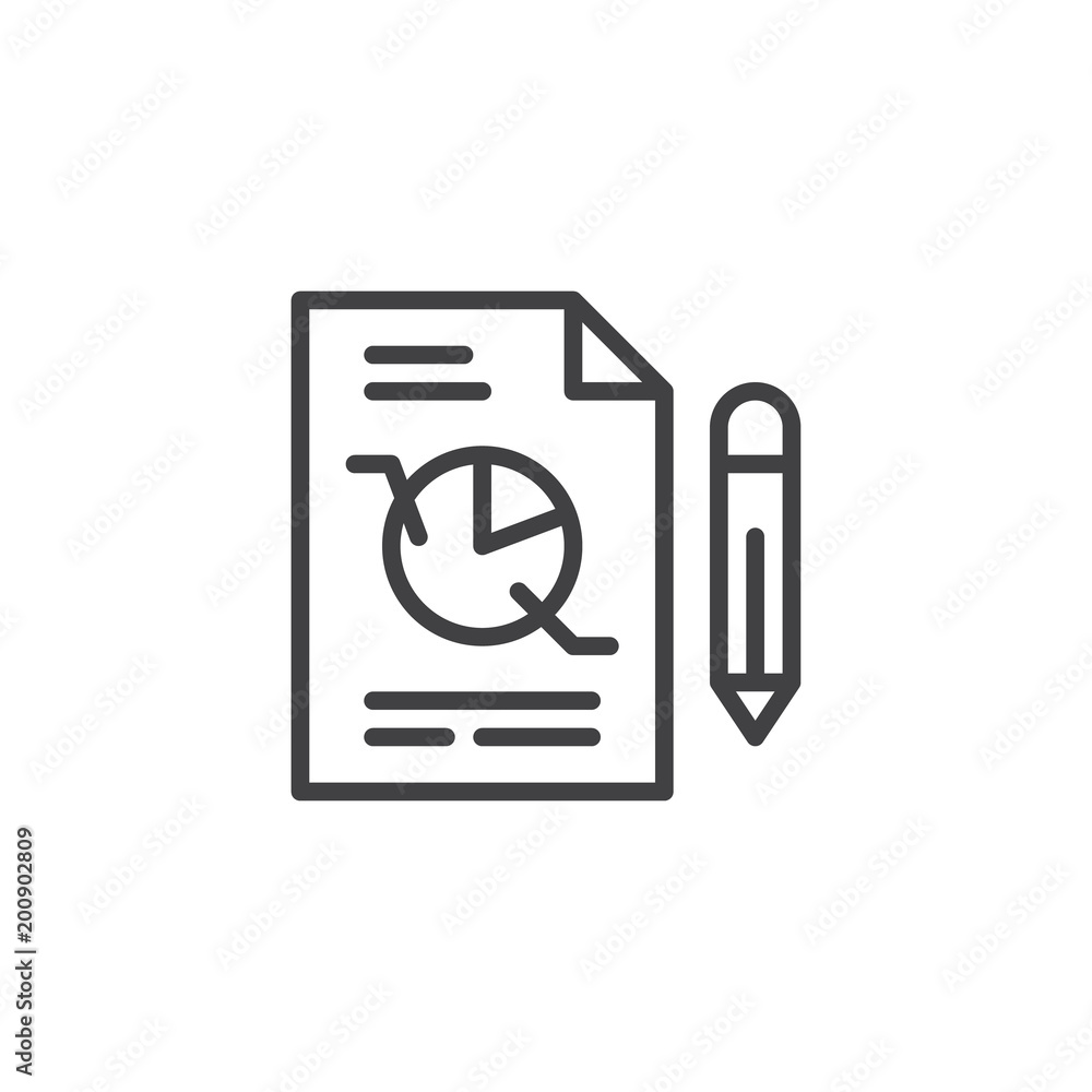 Pie chart document and pen outline icon. linear style sign for mobile concept and web design. Report document simple line vector icon. Symbol, logo illustration. Pixel perfect vector graphics Pie chart document and pen outline icon. linear style sign for mobile concept and web design. Report document simple line vector icon. Symbol, logo illustration. Pixel perfect vector graphics