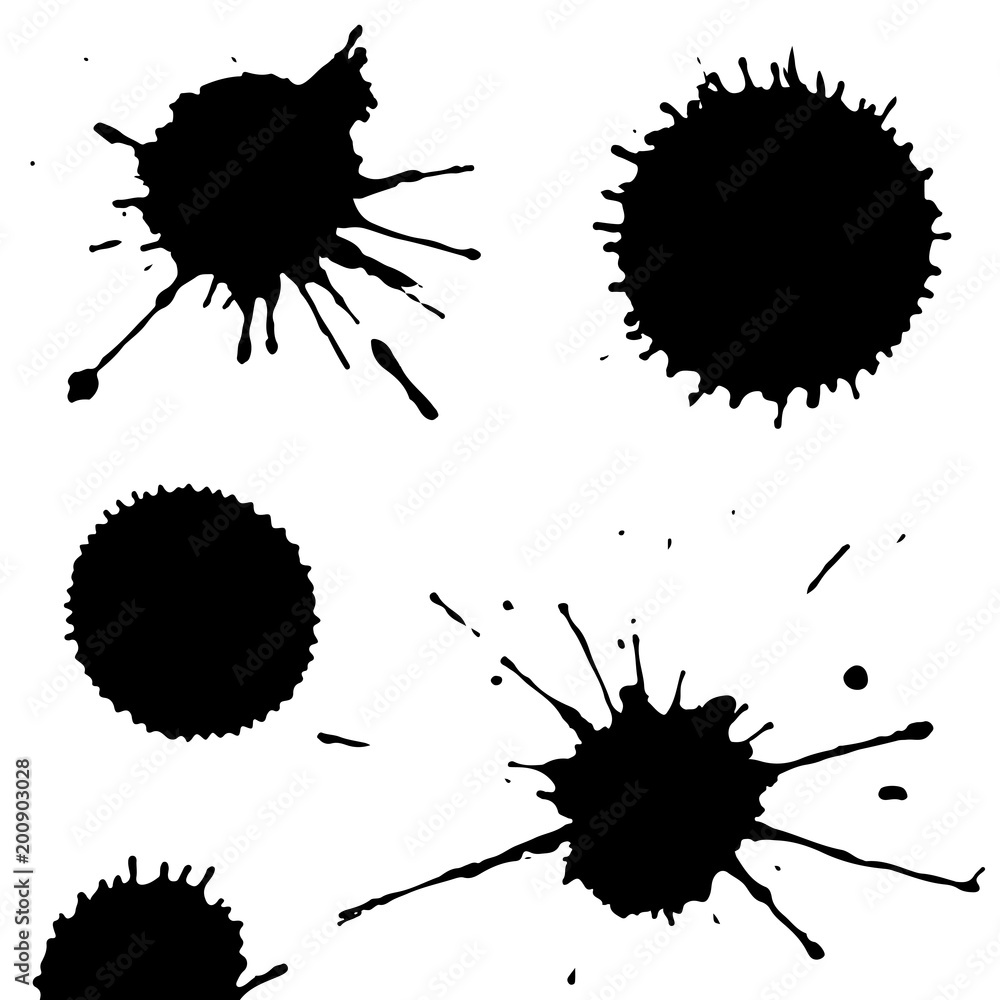 Black ink paint spots. Drops texture isolated on white background. Set for grunge splash textures. Vector illustration. Black ink paint spots. Drops texture isolated on white background. Set for grunge splash textures. Vector illustration.