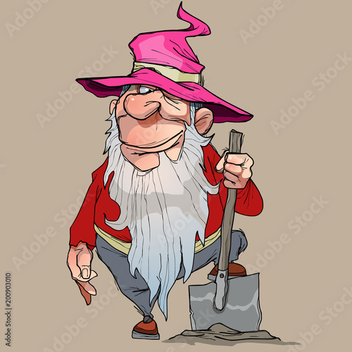 cartoon dwarf in a pink hat stands with a shovel