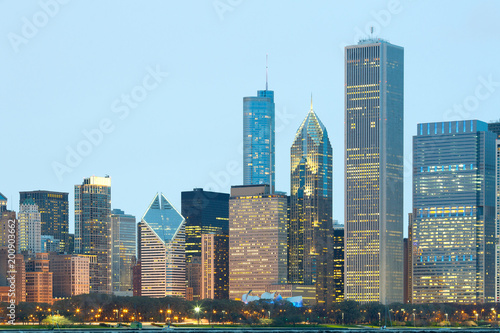 Downtown city skyline of Chicago at night, Illinois, USA