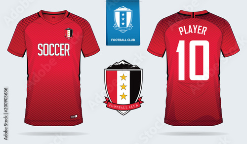 Red Soccer jersey, football kit, t-shirt sport, short, sock template design for sport club. Football t-shirt mock up. Front and back view soccer uniform. Flat football logo on blue label. Vector.