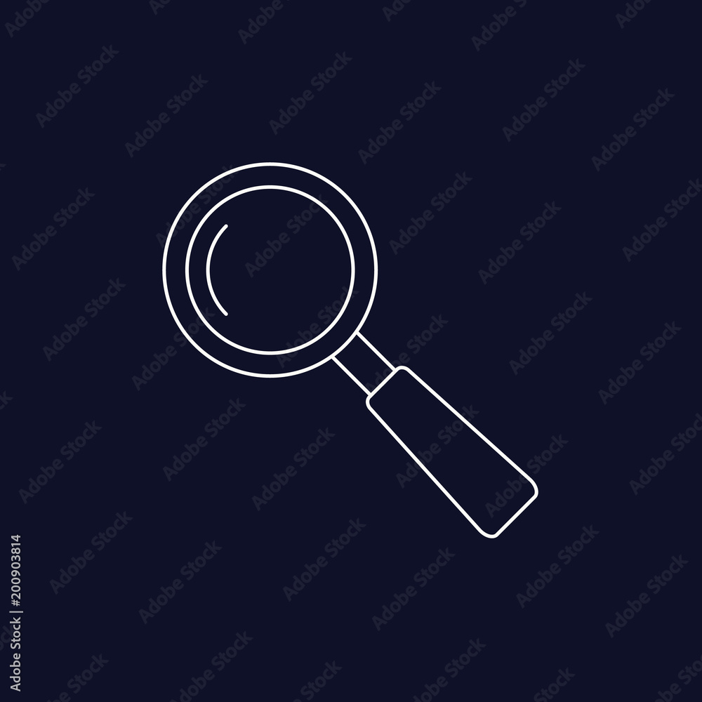 Magnifier lens, loupe zoom icon isolated linear sign on black background Magnifier lens, loupe zoom icon isolated linear sign on black background