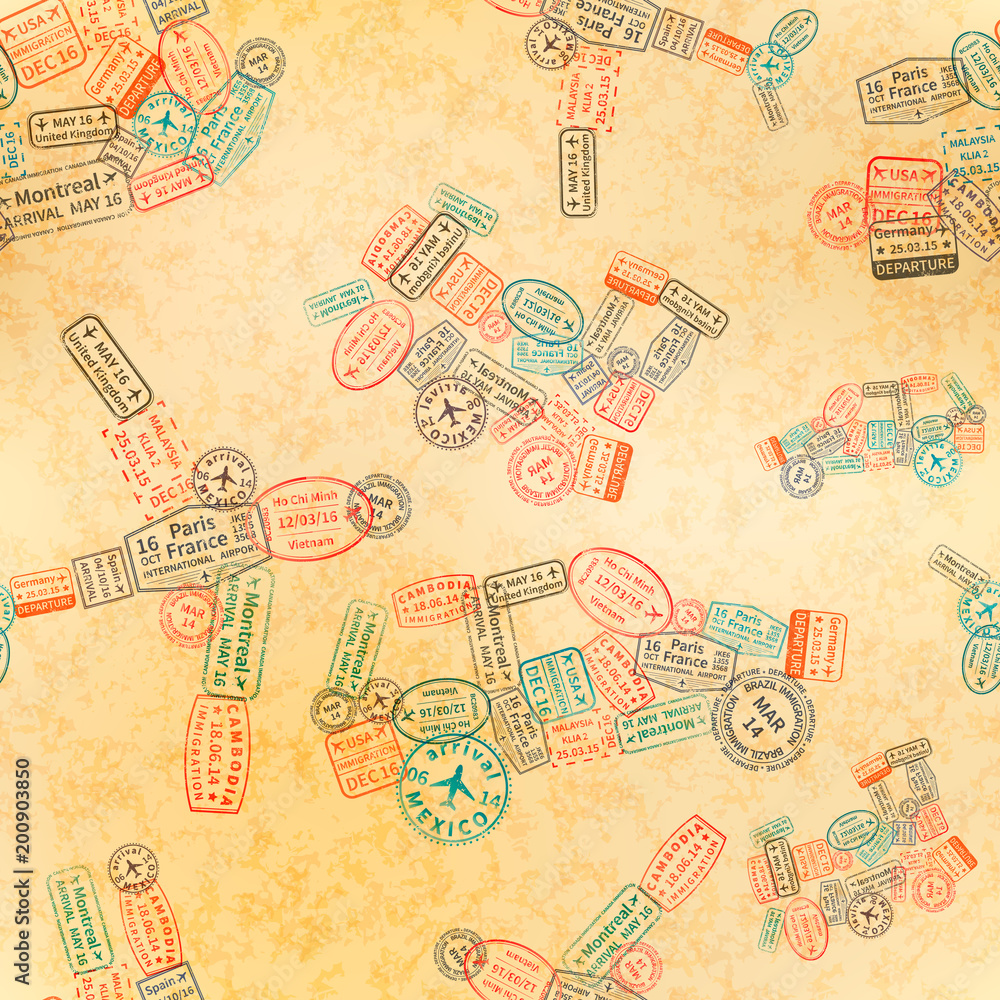 immigration stamps arranged in car, plane, ship and train shape on old paper, seamless pattern