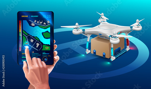 Postal Drone Landed with carton box Package. Quadcopter courier. Technology autonomous Delivery shipping by air. The hands hold tablet and specifies a point on the map Delivery.