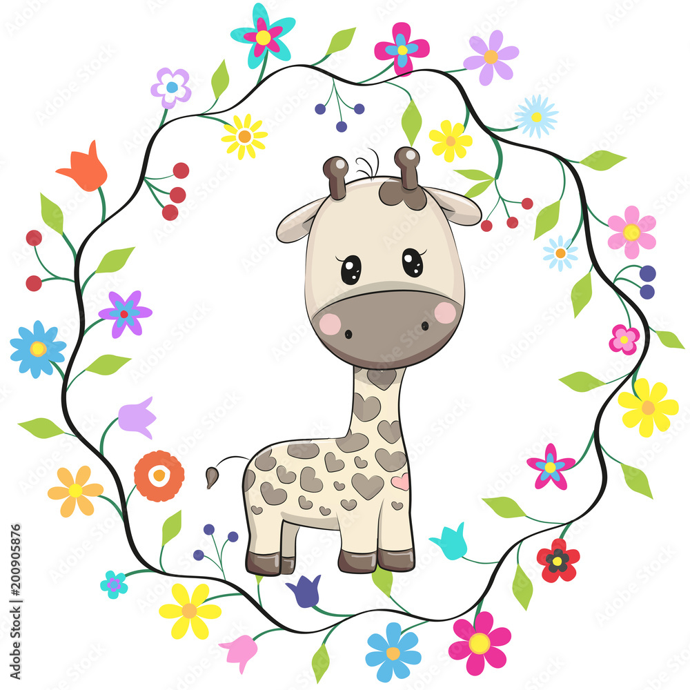 Fototapeta premium Cute Giraffe in a flowers frame