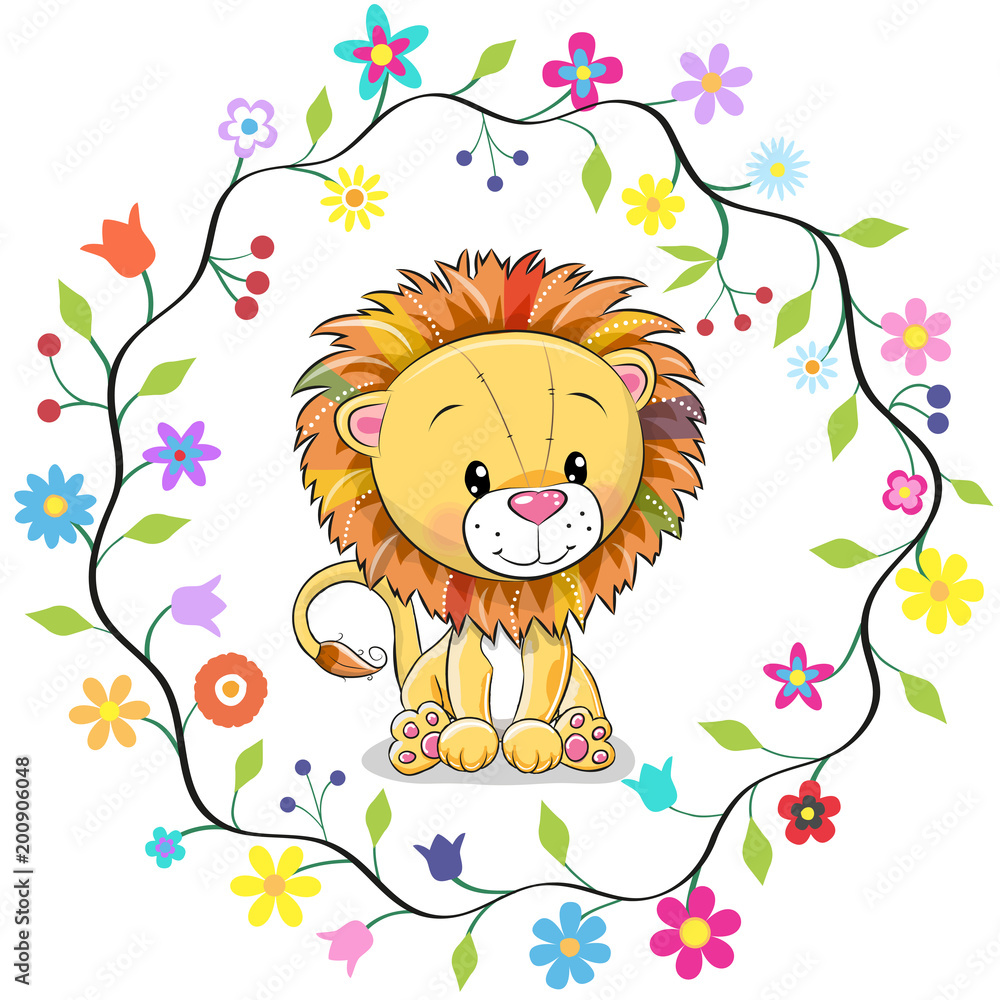Cute Lion in a flowers frame Cute Lion in a flowers frame
