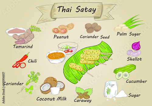 hand drawing illustration vector of Thai dish - Satay with some it's recipe