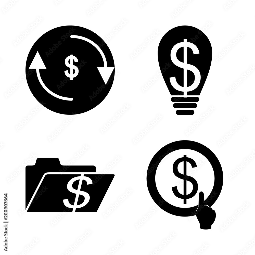 icon Currency with cash, pay, lamp, idea and bank icon Currency with cash, pay, lamp, idea and bank