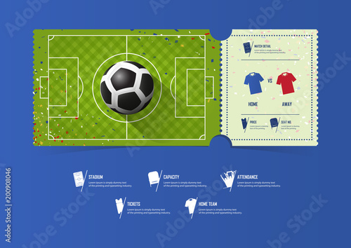 Football or Soccer ticket template design for sport match. Soccer pitch with diagonal pattern. Black and White Soccer ball on football field. Gift vouchers or certificate coupons. Vector illustration.