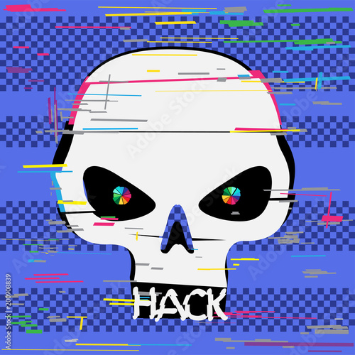 glitch hacker skull with hack text teeth