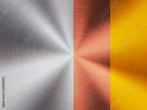 Metal steel, bronze and gold technology background with polished, circular brushed texture, silver, chrome, aluminum, copper for design concepts, wallpapers, web and prints. Vector illustration.
