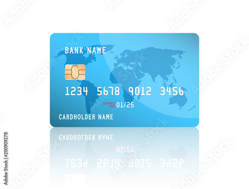 Realistic detailed credit card with the world map on blue background. Vector illustration design