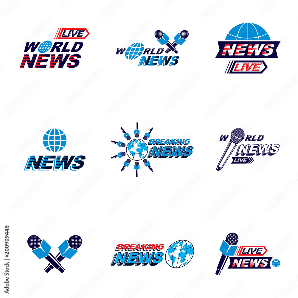 Set of public relations concept and press conference theme vector emblems and posters. Blue Earth, journalistic microphones composed with news writing. News and facts reporting.