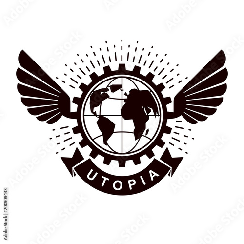 Vector winged logo composed using Earth globe surrounded with industrial gear. Proletarian revolution abstract symbol, socialism concept.