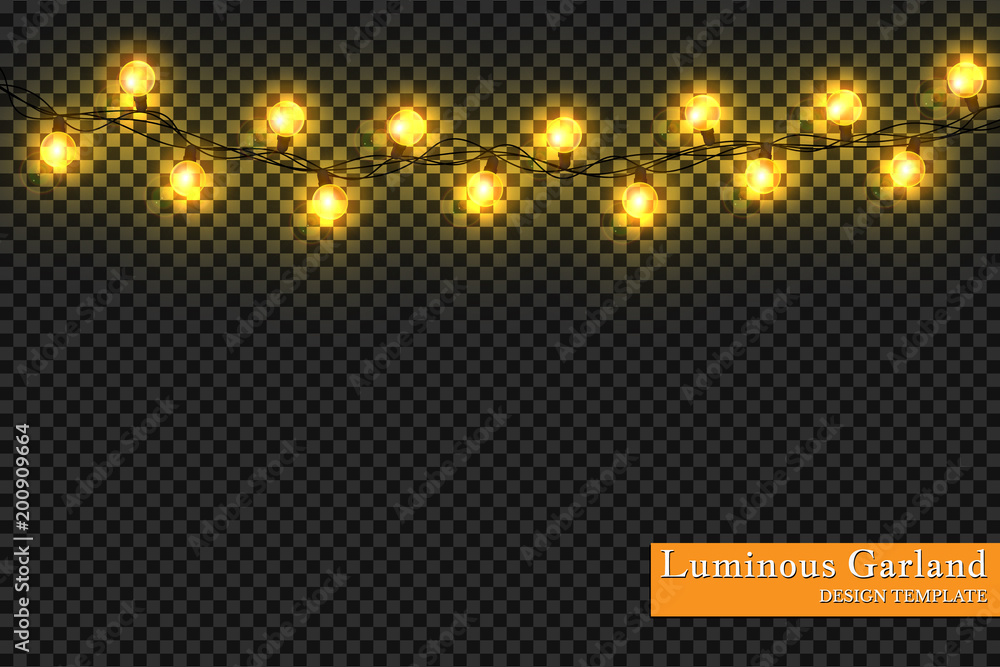 Garlands, realistic glowing garland Christmas decoration lights effects. Christmas decoration. Isolated vector design elements on a transparent background. Glowing lights on Christmas