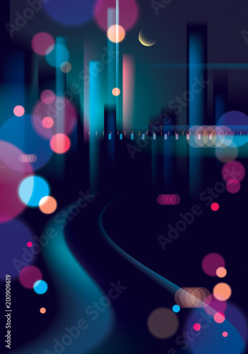 Blurred street lights, urban abstract background. Effect vector beautiful background. Big city nightlife. Blur colorful dark background with cityscape, buildings silhouettes skyline.