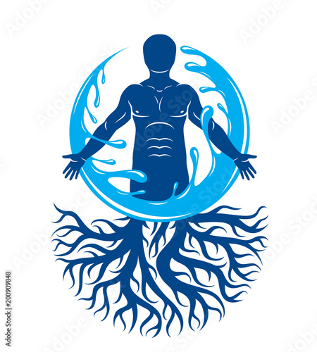 Vector graphic illustration of muscular human, individual created with tree roots and surrounded by a water ball. Body cleansing idea, alternative medicine theme picture.