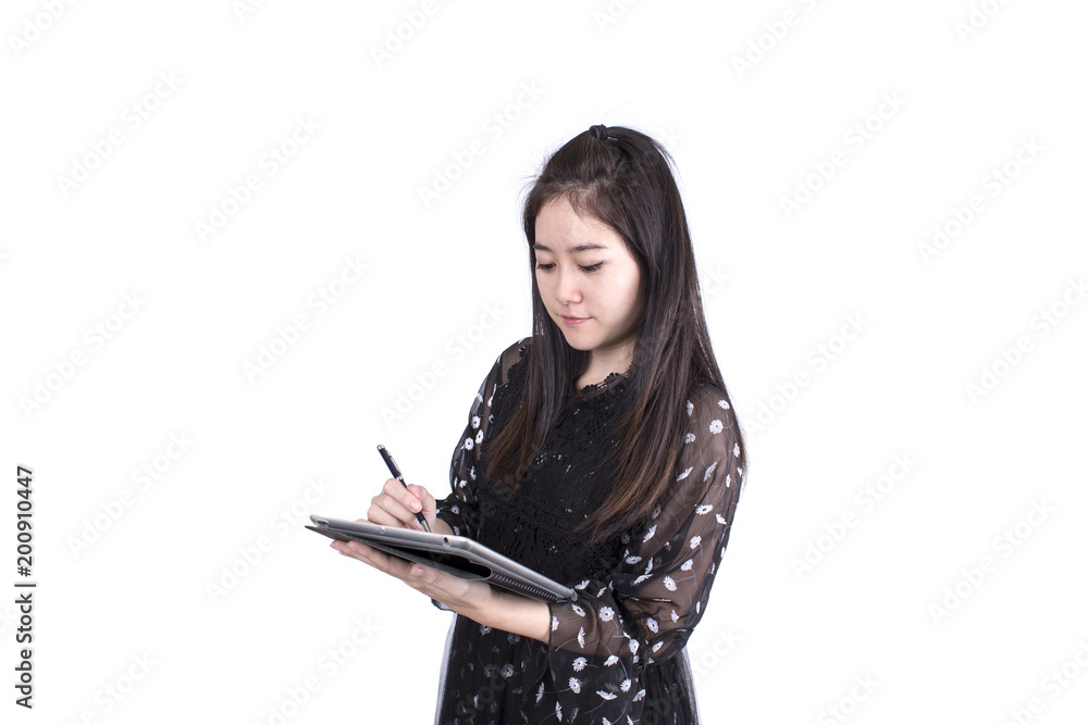 Business woman with hand on Computer Tablet in isolated a white background Business woman with hand on Computer Tablet in isolated a white background