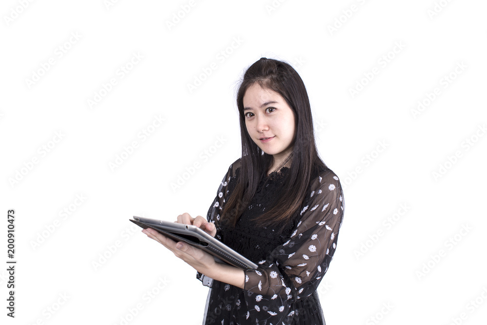 Business woman with hand on Computer Tablet in isolated a white background Business woman with hand on Computer Tablet in isolated a white background