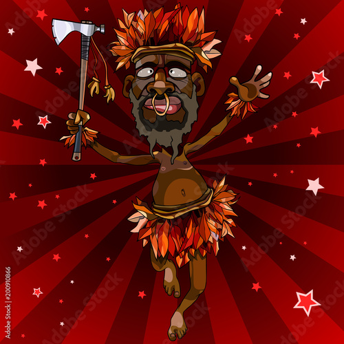 cartoon man dances in an aboriginal costume with an ax