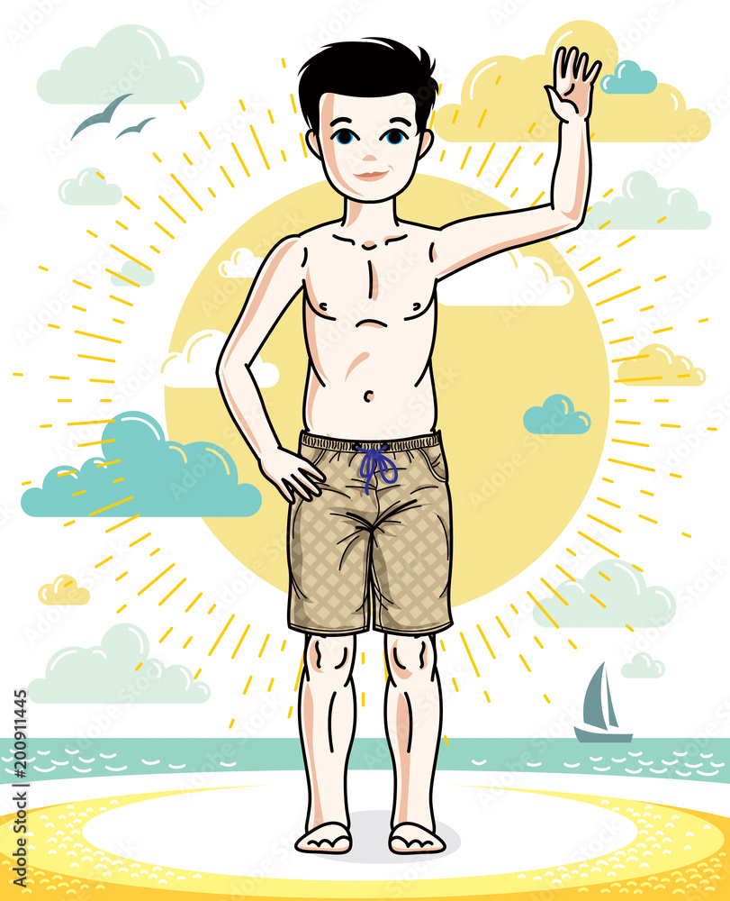 Sweet little boy young teen standing in colorful stylish beach shorts. Vector attractive kid illustration. Fashion theme clipart.