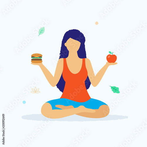 Yoga and healthy lifestyle concept vector illustration in flat design. Woman in lotus position sitting and holding fresh apple and hamburger comparing the benefits isolated on light background.
