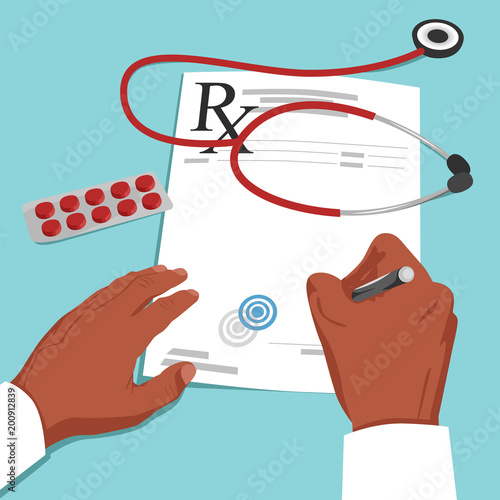 Top view of african american doctor hands writing prescription on paper. Health and medical concept.