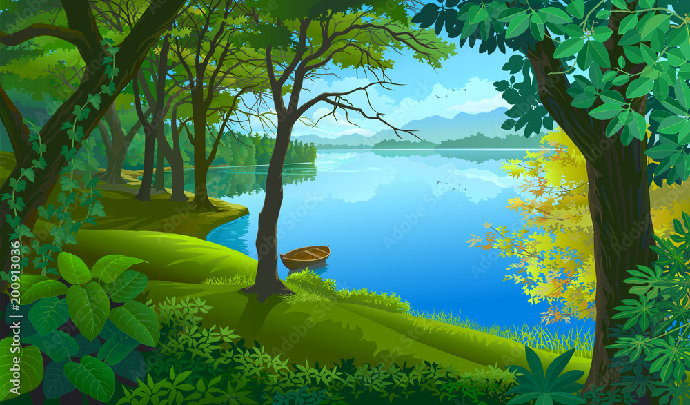 Fototapeta premium A boat tied to a tree trunk in calm waters