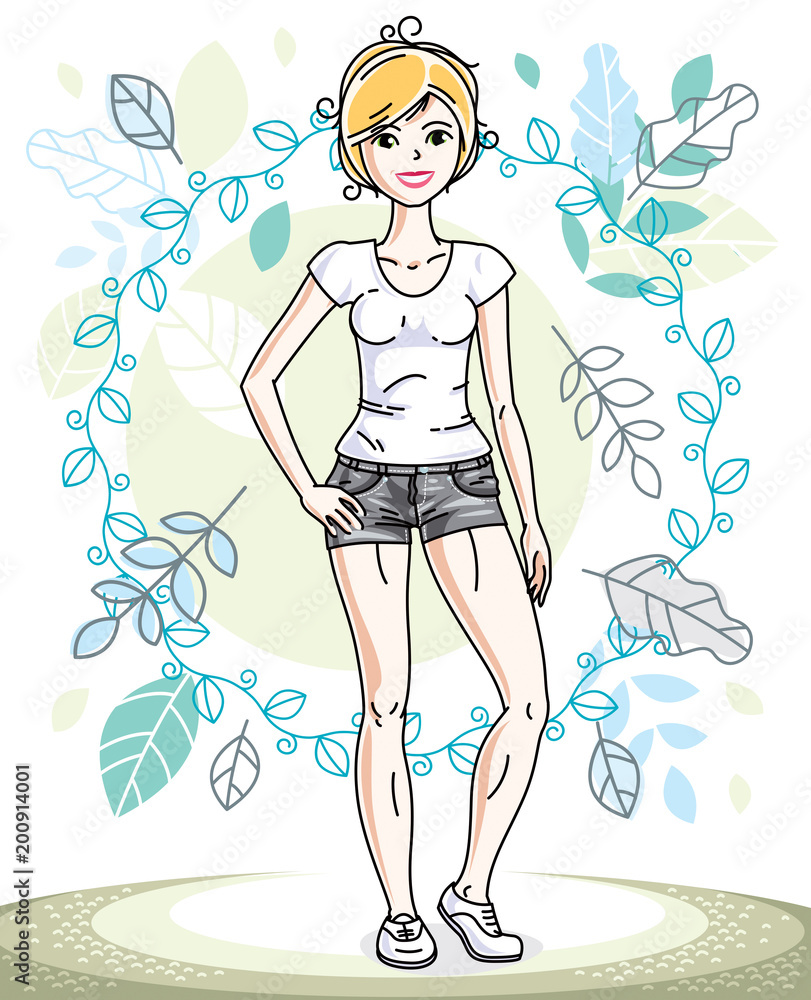 Happy young blonde woman posing on background of spring landscape and wearing fashionable casual clothes. Vector attractive female illustration. Springtime fashion and lifestyle theme cartoon. Happy young blonde woman posing on background of spring landscape and wearing fashionable casual clothes. Vector attractive female illustration. Springtime fashion and lifestyle theme cartoon.