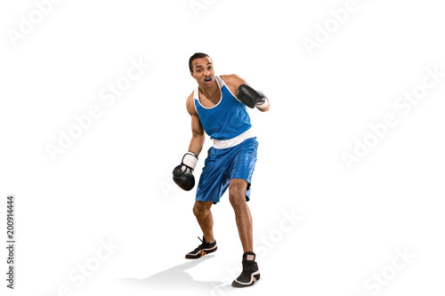 Sporty man during boxing exercise. Photo of boxer on white background © master1305